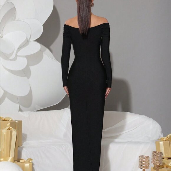 Black Elegant Women's Rhinestone Backless V-Neck Bodycon Dress - Picture 8 of 11